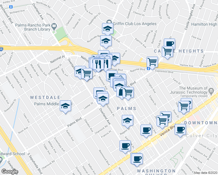 map of restaurants, bars, coffee shops, grocery stores, and more near 3387 Motor Avenue in Los Angeles