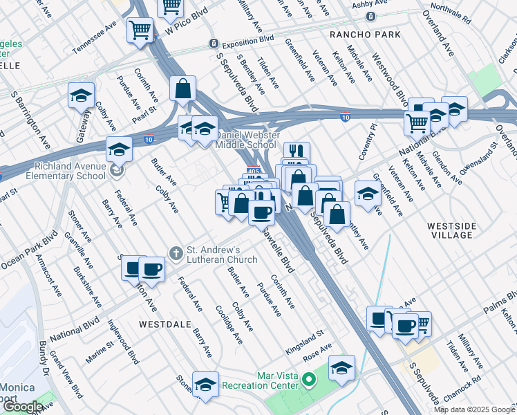 map of restaurants, bars, coffee shops, grocery stores, and more near 2884 Sawtelle Boulevard in Los Angeles