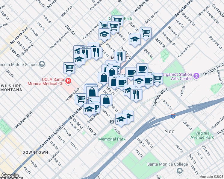 map of restaurants, bars, coffee shops, grocery stores, and more near 1417 19th Street in Santa Monica