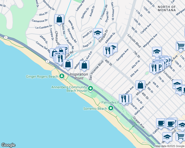 map of restaurants, bars, coffee shops, grocery stores, and more near 131 San Vicente Boulevard in Santa Monica