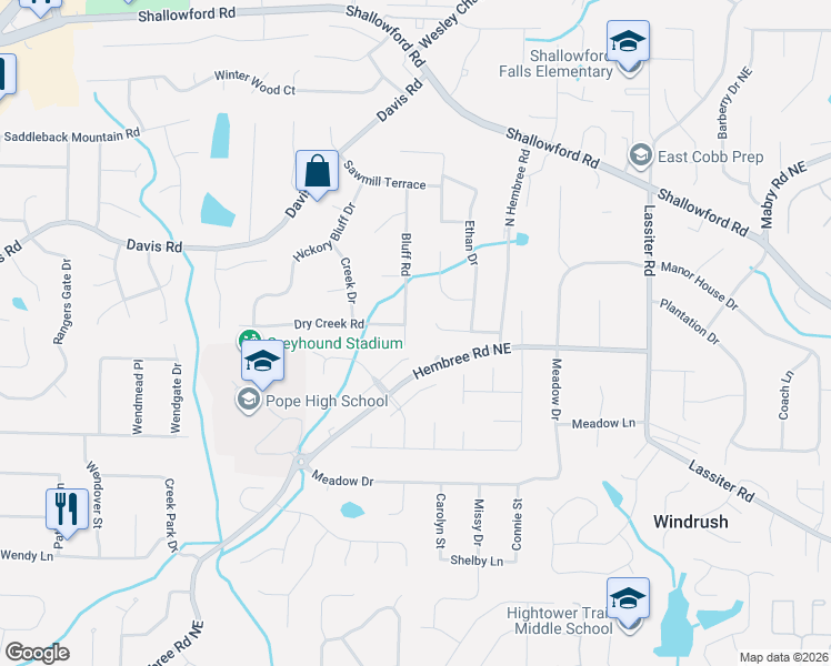 map of restaurants, bars, coffee shops, grocery stores, and more near 3674 Hembree Lane in Marietta
