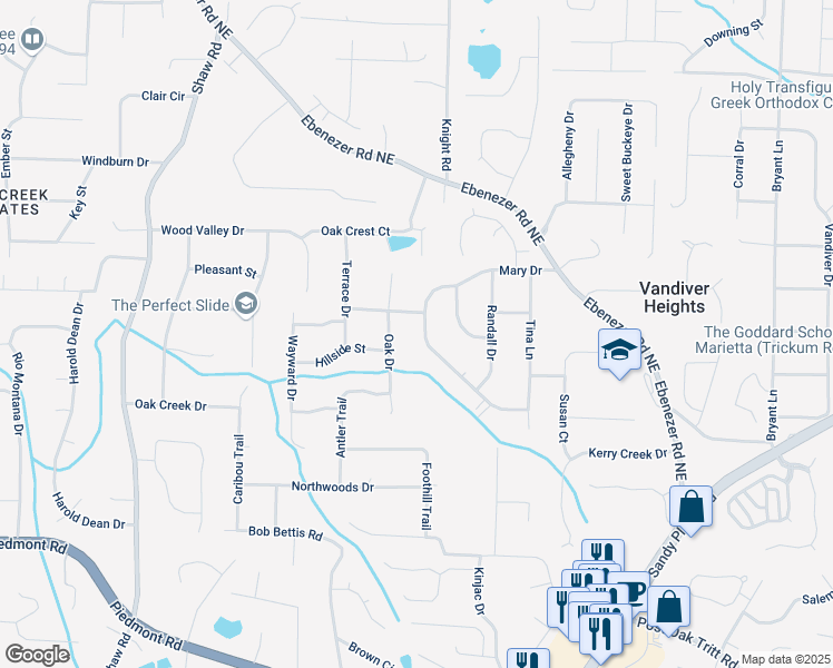 map of restaurants, bars, coffee shops, grocery stores, and more near 3139 Mary Drive in Marietta