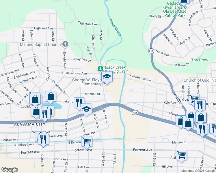 map of restaurants, bars, coffee shops, grocery stores, and more near 601 Black Creek Road in Gadsden