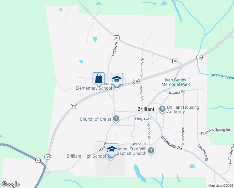 map of restaurants, bars, coffee shops, grocery stores, and more near 10180 Alabama 129 in Brilliant