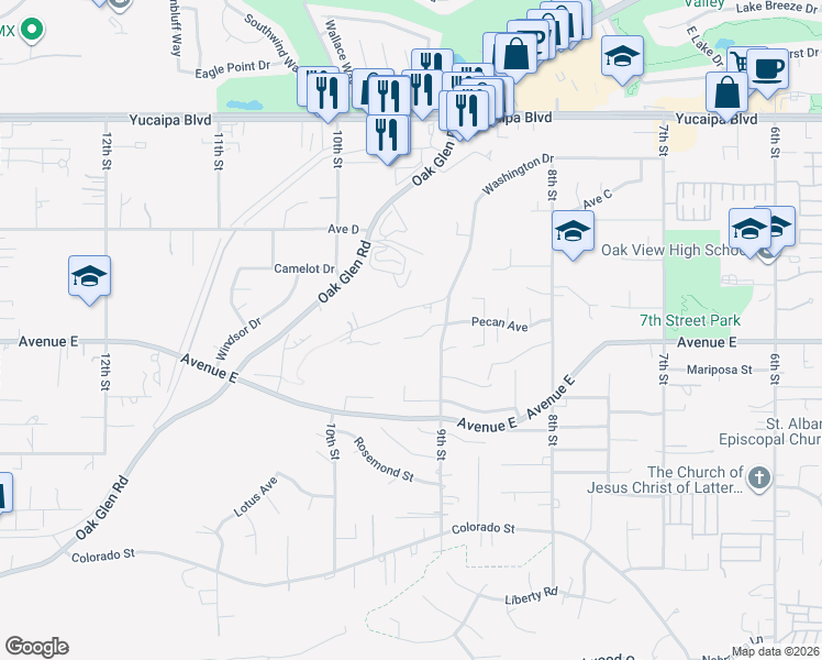 map of restaurants, bars, coffee shops, grocery stores, and more near 33440 Pine Drive in Yucaipa