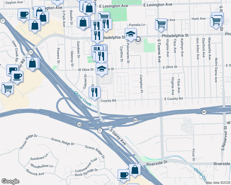 map of restaurants, bars, coffee shops, grocery stores, and more near 2435 Angela Street in Pomona