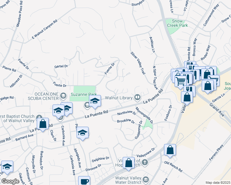 map of restaurants, bars, coffee shops, grocery stores, and more near Gartel Drive in Walnut