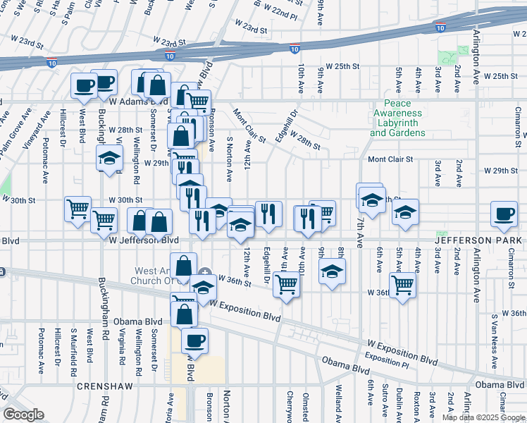 map of restaurants, bars, coffee shops, grocery stores, and more near 3015 Edgehill Drive in Los Angeles