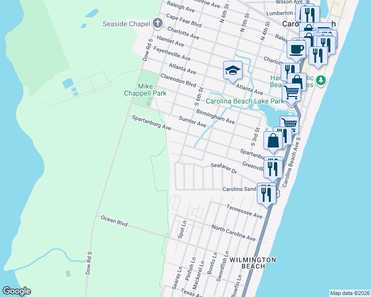 map of restaurants, bars, coffee shops, grocery stores, and more near 512 Greenville Avenue in Carolina Beach