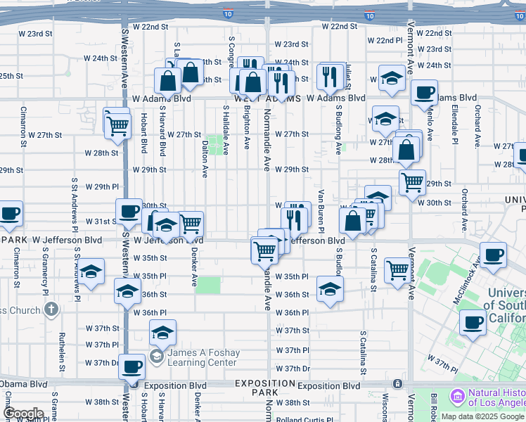 map of restaurants, bars, coffee shops, grocery stores, and more near 2959 Normandie Avenue in Los Angeles
