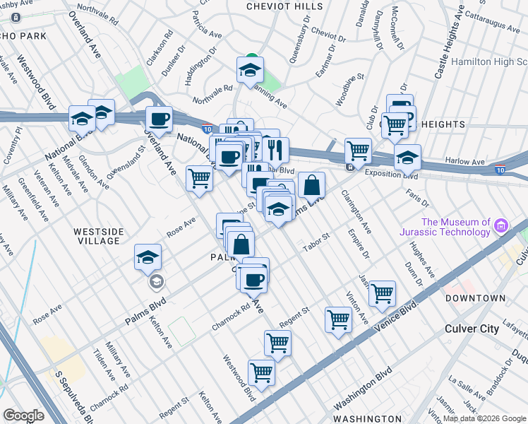 map of restaurants, bars, coffee shops, grocery stores, and more near 3387 Motor Avenue in Los Angeles