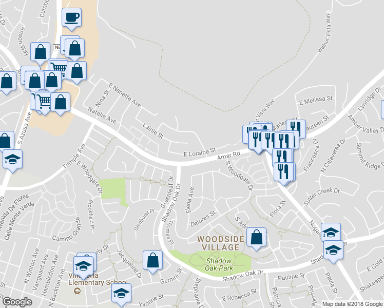 map of restaurants, bars, coffee shops, grocery stores, and more near 2043 East Loraine Street in West Covina