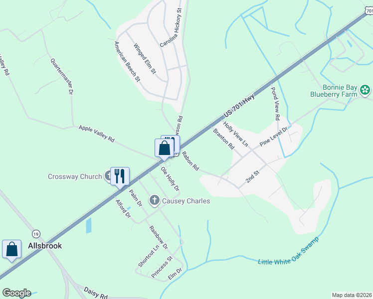 map of restaurants, bars, coffee shops, grocery stores, and more near 684 Carolina Hickory Street in Loris