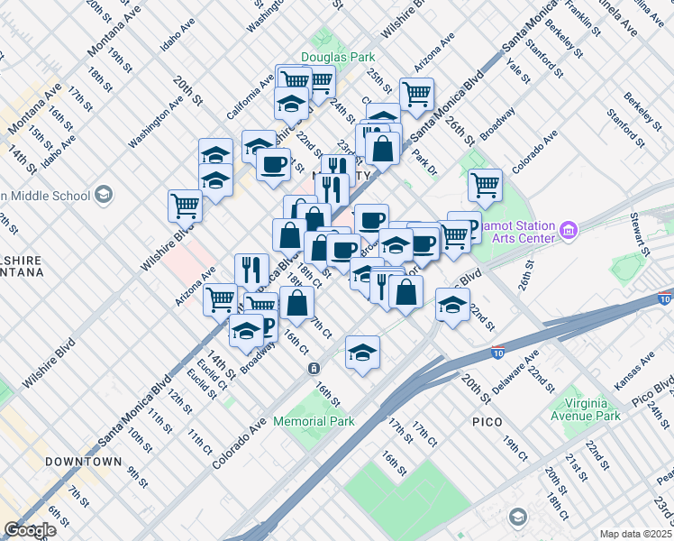 map of restaurants, bars, coffee shops, grocery stores, and more near 1919 Broadway in Santa Monica
