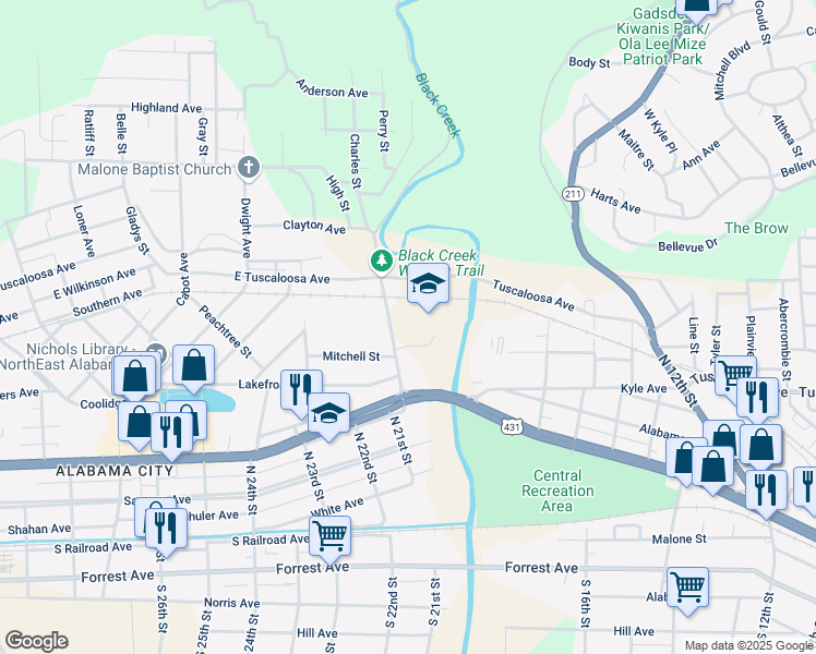 map of restaurants, bars, coffee shops, grocery stores, and more near 601 Black Creek Road in Gadsden