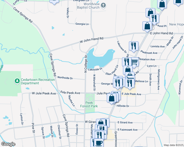 map of restaurants, bars, coffee shops, grocery stores, and more near 403 Lakeside Drive in Cedartown