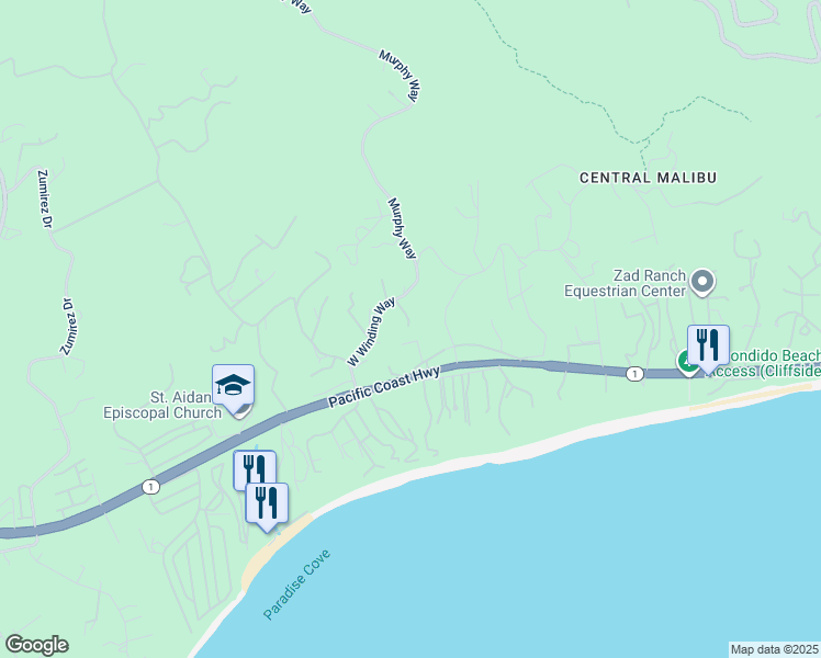 map of restaurants, bars, coffee shops, grocery stores, and more near 27860 Winding Way in Malibu