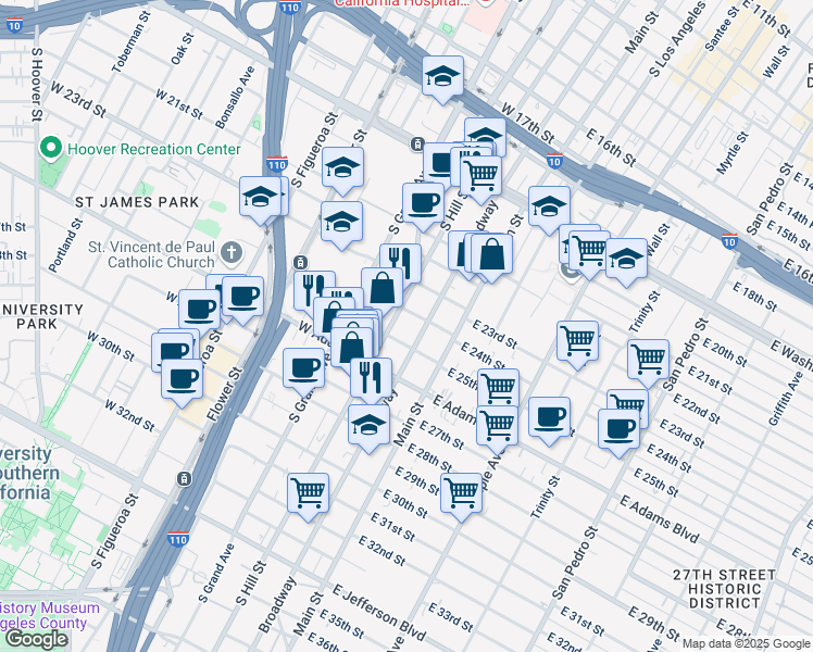 map of restaurants, bars, coffee shops, grocery stores, and more near 150 West 24th Street in Los Angeles