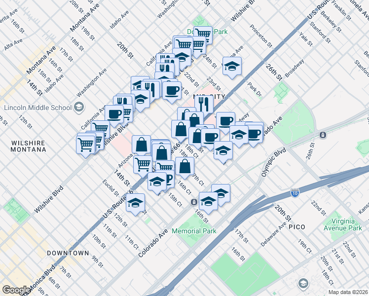 map of restaurants, bars, coffee shops, grocery stores, and more near 1413 18th Street in Santa Monica