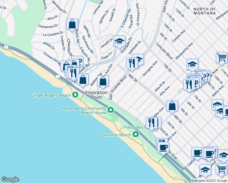 map of restaurants, bars, coffee shops, grocery stores, and more near 130 San Vicente Boulevard in Santa Monica