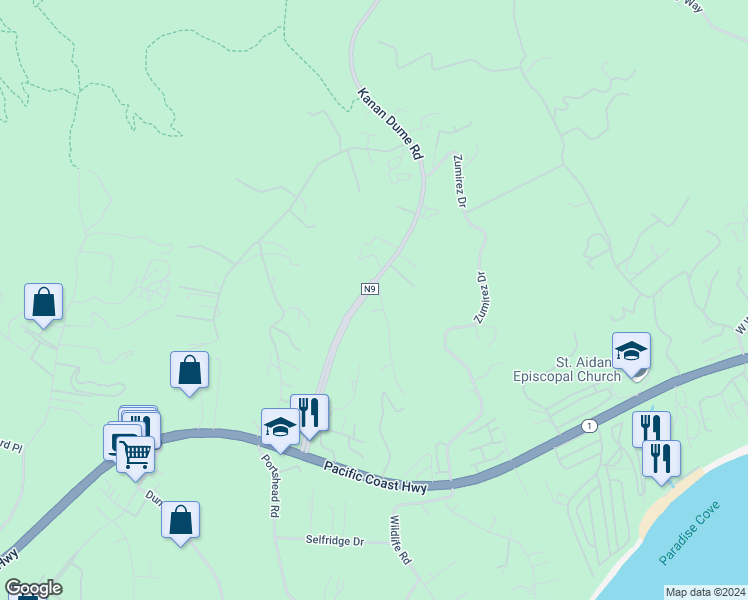 map of restaurants, bars, coffee shops, grocery stores, and more near 6015 Galahad Drive in Malibu