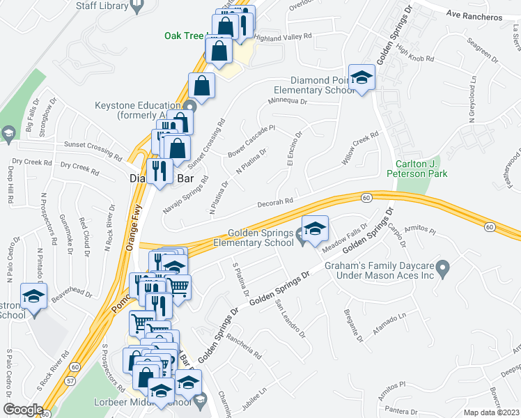 map of restaurants, bars, coffee shops, grocery stores, and more near 23826 Decorah Road in Diamond Bar