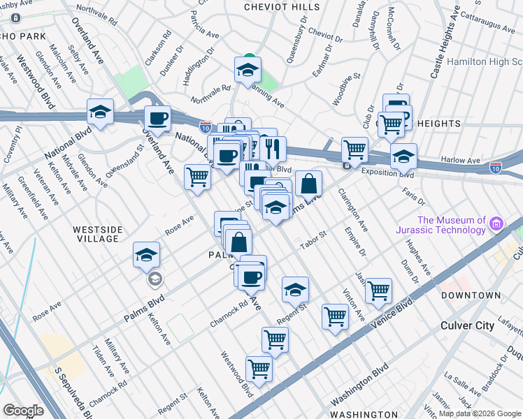 map of restaurants, bars, coffee shops, grocery stores, and more near 3425 Motor Avenue in Los Angeles