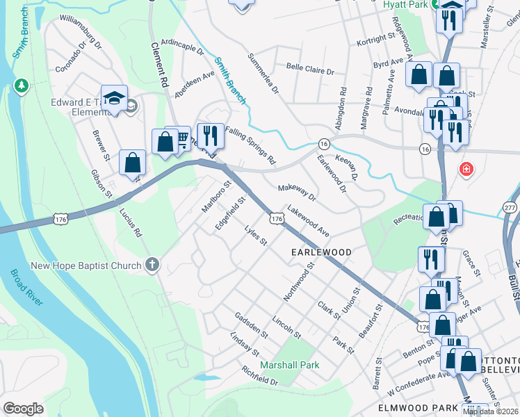 map of restaurants, bars, coffee shops, grocery stores, and more near 3407 River Drive in Columbia
