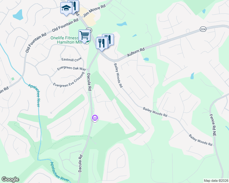 map of restaurants, bars, coffee shops, grocery stores, and more near 992 Pathview Court in Dacula