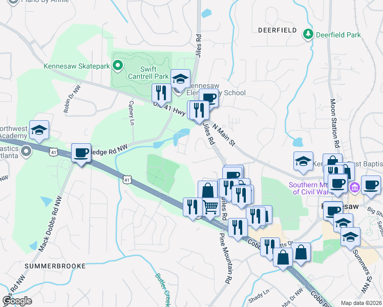 map of restaurants, bars, coffee shops, grocery stores, and more near 1056 Hillsborough Chase Northwest in Kennesaw