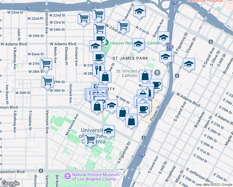 map of restaurants, bars, coffee shops, grocery stores, and more near 925 West 30th Street in Los Angeles