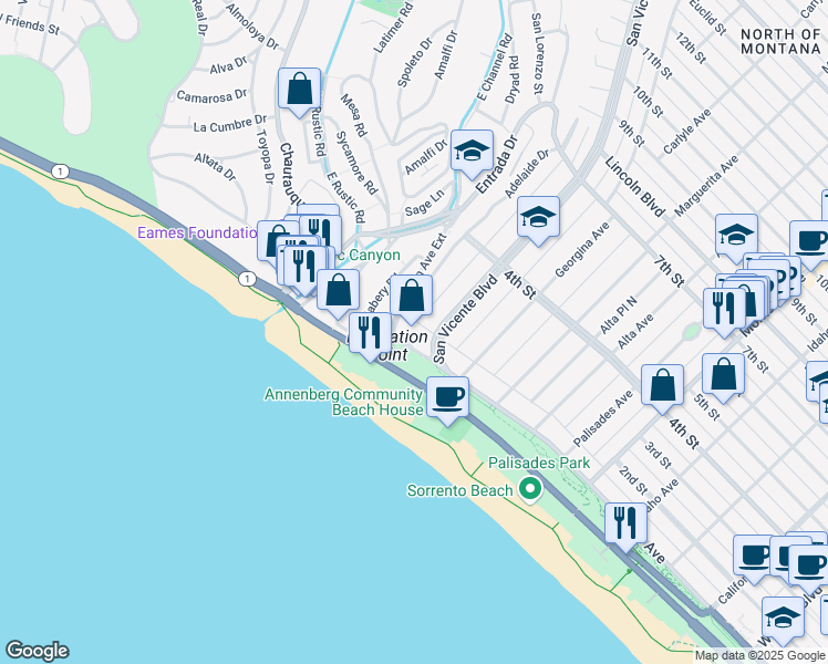 map of restaurants, bars, coffee shops, grocery stores, and more near 201 Ocean Avenue Extension in Santa Monica