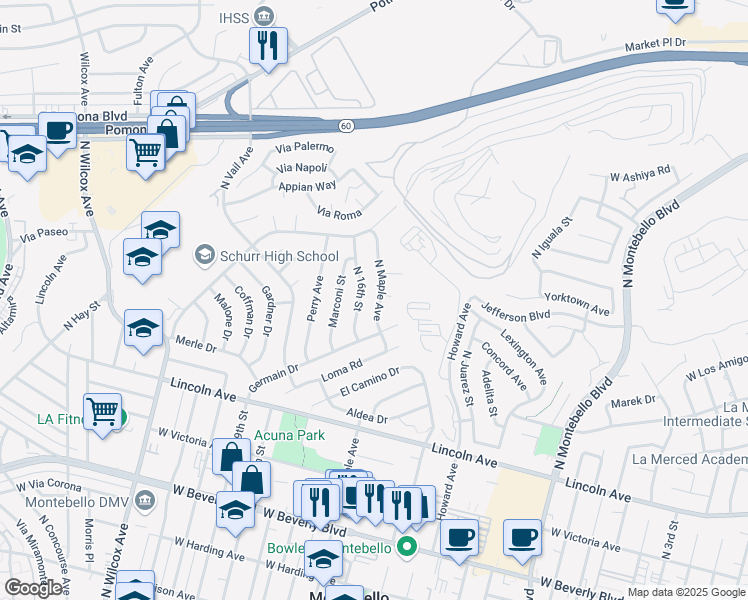 map of restaurants, bars, coffee shops, grocery stores, and more near 821 North Maple Avenue in Montebello