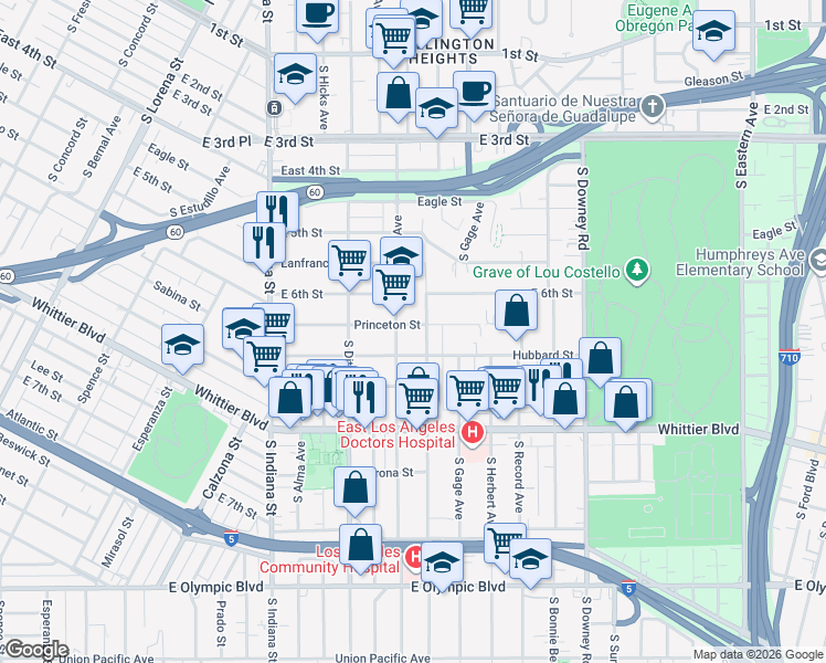 map of restaurants, bars, coffee shops, grocery stores, and more near 3922 Princeton Street in Los Angeles