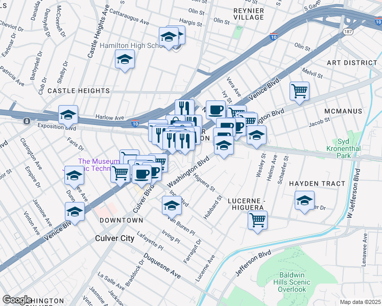 map of restaurants, bars, coffee shops, grocery stores, and more near 3710 Hoke Avenue in Culver City