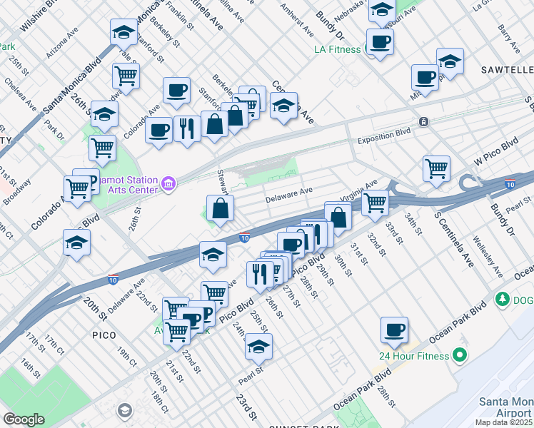 map of restaurants, bars, coffee shops, grocery stores, and more near 2850 Delaware Avenue in Santa Monica