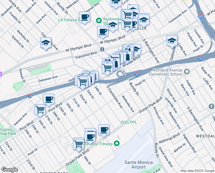 map of restaurants, bars, coffee shops, grocery stores, and more near 2405 South Centinela Avenue in Los Angeles