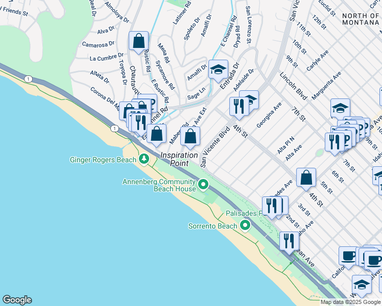 map of restaurants, bars, coffee shops, grocery stores, and more near 143 Ocean Avenue Extension in Santa Monica