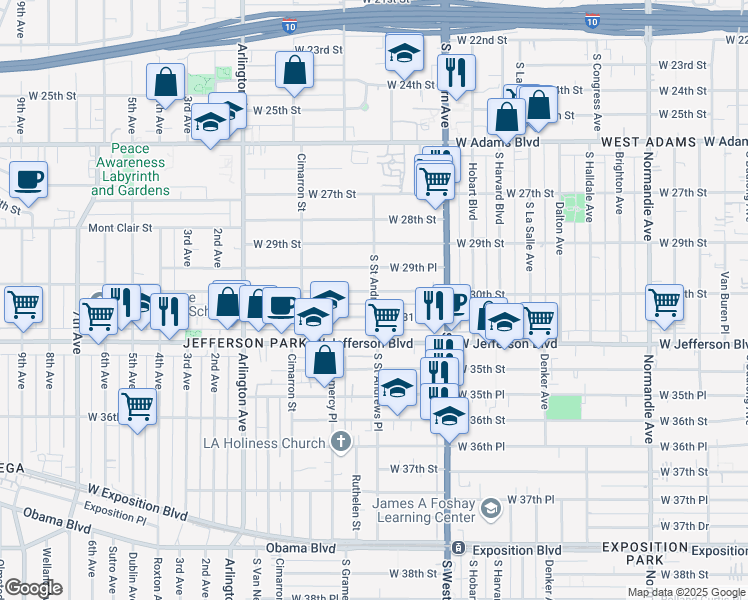 map of restaurants, bars, coffee shops, grocery stores, and more near 3031 Saint Andrews Place South in Los Angeles