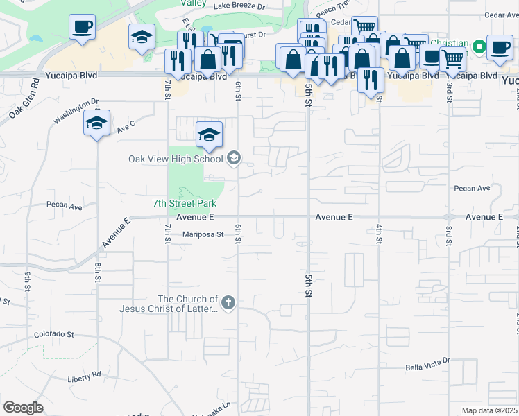 map of restaurants, bars, coffee shops, grocery stores, and more near 12449 6th Street in Yucaipa
