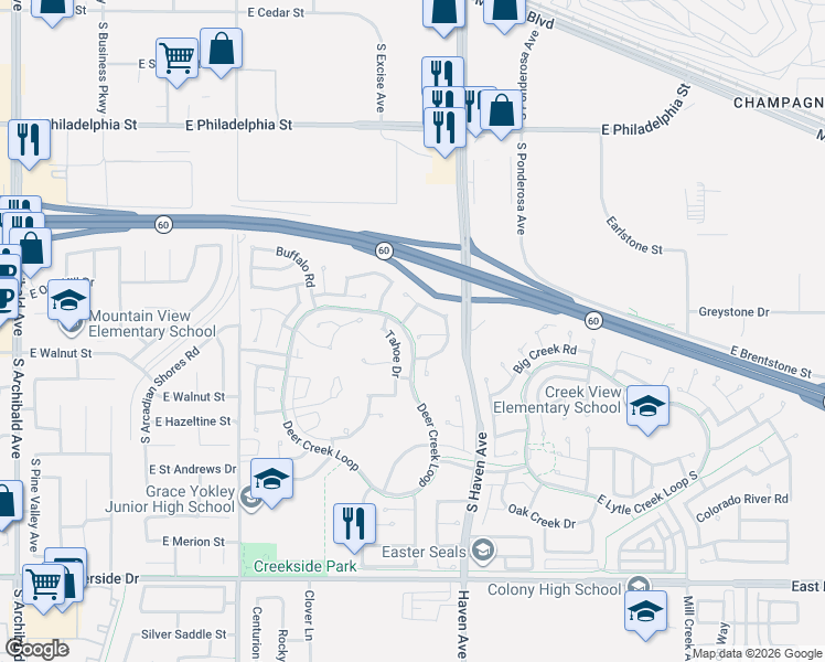 map of restaurants, bars, coffee shops, grocery stores, and more near 3401 Sugar Maple Court in Ontario