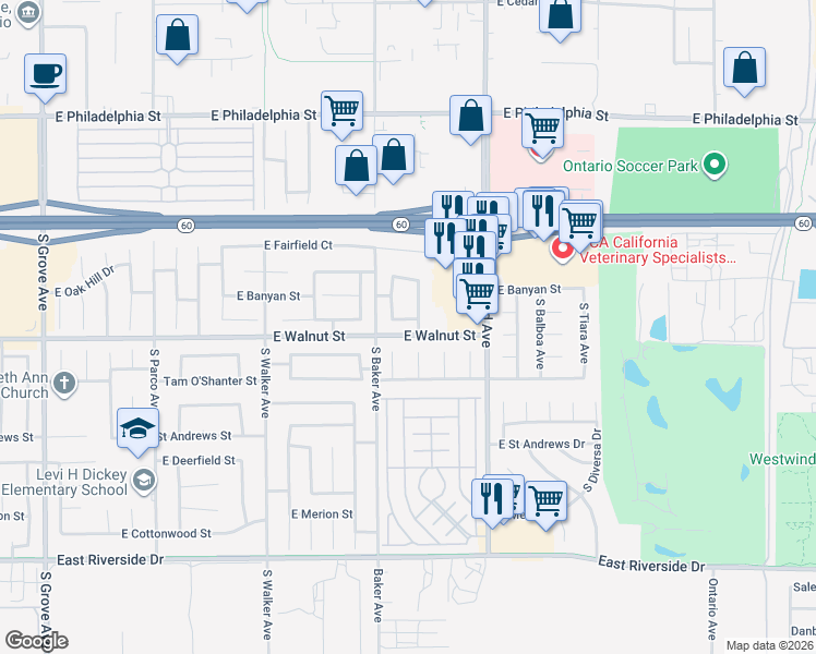 map of restaurants, bars, coffee shops, grocery stores, and more near 2537 South Prairie Dunes Place in Ontario