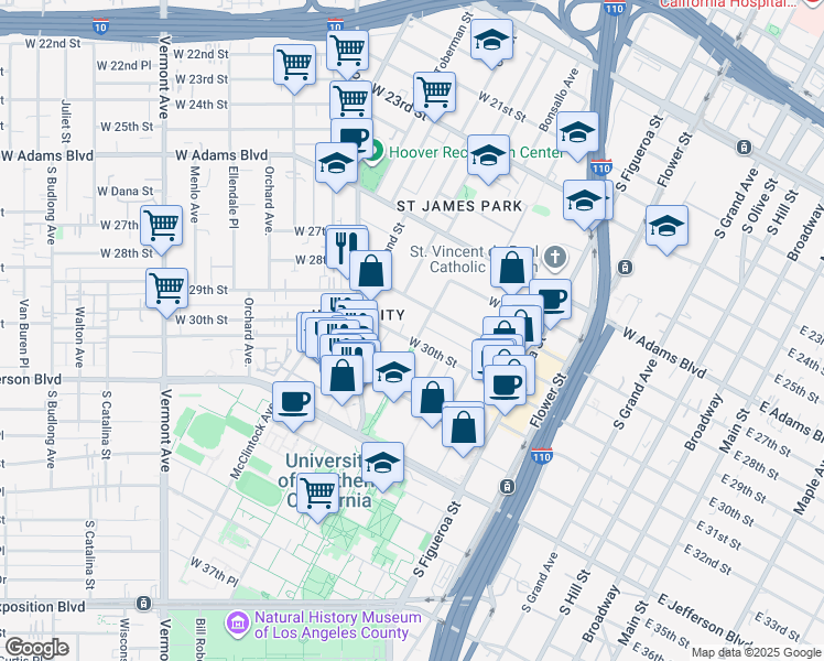 map of restaurants, bars, coffee shops, grocery stores, and more near 925 West 30th Street in Los Angeles