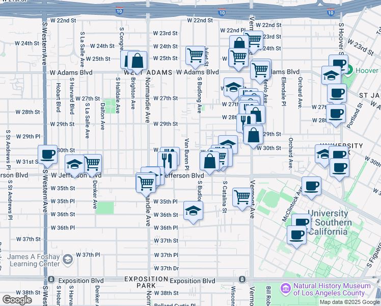 map of restaurants, bars, coffee shops, grocery stores, and more near 2955 Budlong Avenue in Los Angeles