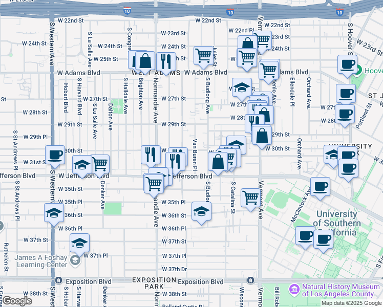 map of restaurants, bars, coffee shops, grocery stores, and more near 2955 Van Buren Place in Los Angeles