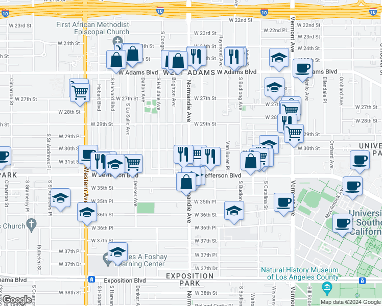 map of restaurants, bars, coffee shops, grocery stores, and more near 2959 Normandie Avenue in Los Angeles
