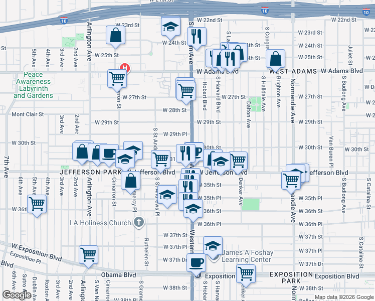 map of restaurants, bars, coffee shops, grocery stores, and more near 2945 South Western Avenue in Los Angeles