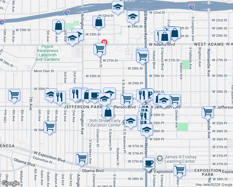 map of restaurants, bars, coffee shops, grocery stores, and more near 2111 West 30th Street in Los Angeles