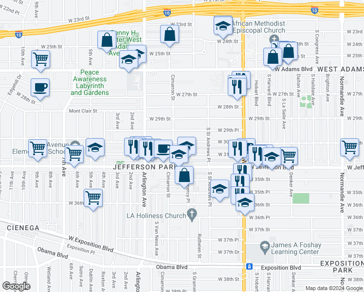 map of restaurants, bars, coffee shops, grocery stores, and more near 2167 West 30th Street in Los Angeles