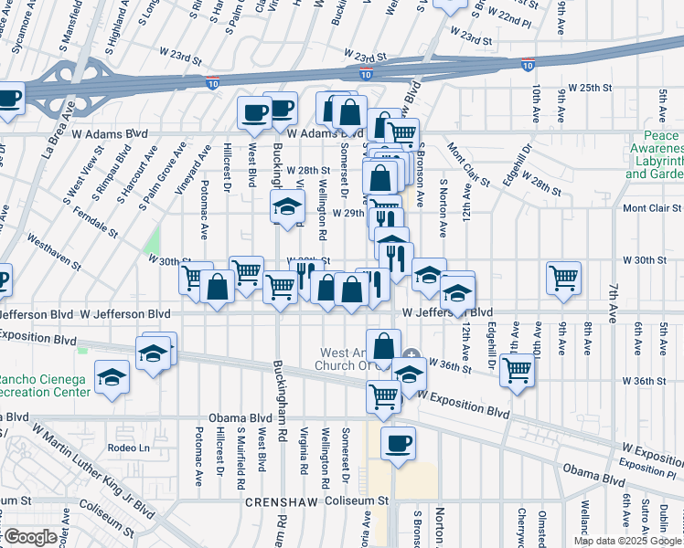 map of restaurants, bars, coffee shops, grocery stores, and more near 4014 West 30th Street in Los Angeles